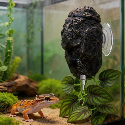Reptile Water Dish with Dripper, Adjustable Wall-Mounted Water Bowl for Terrarium Humidity Control - Natural Rock Decor Feeding & Watering Dish for Gecko, Lizard, Snake, Frog & Small Reptiles