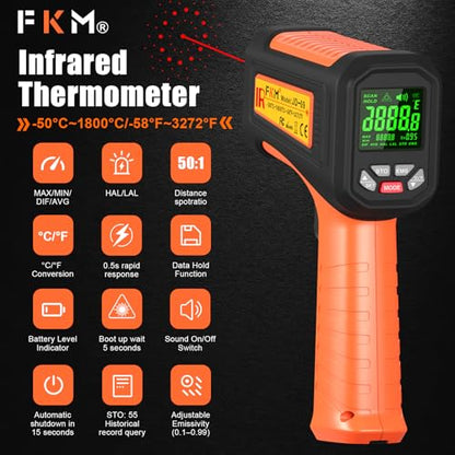 -58°F ~3272°F FKM Infrared Thermometer High Temperature Gun 50:1 Ratio | Digital IR Temp Gun,High Precision-Laser Thermometer Gun for Cooking,Kilns,Forges,Engine,HVAC,Industrial and Home Repair - color: Orange