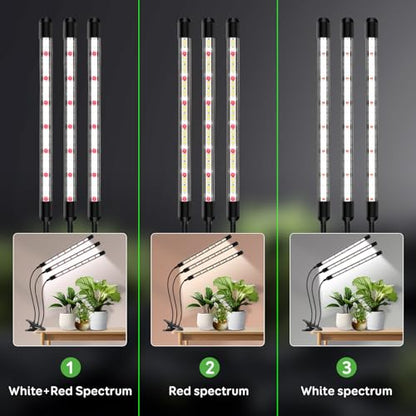 SDOVUERC Tri-Head Clip Grow Light for Indoor Plants, Full Spectrum with 6/12/18H Timer, 5 Dimmable Levels, 3 Spectrum Modes & 360° Gooseneck for Seedlings, Houseplants, Succulents - size: 3 Heads