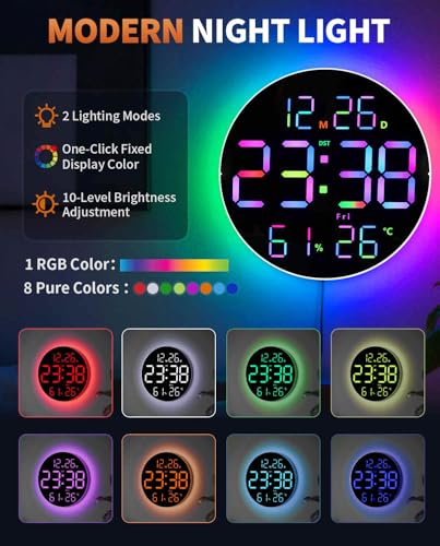 10 Inch Large Digital Wall Clock with 13 Color Changing Remote Control, Date Week Temperature, Auto Brightness Dimmer Big Clock with Night Lights,RGB - color: Rgb