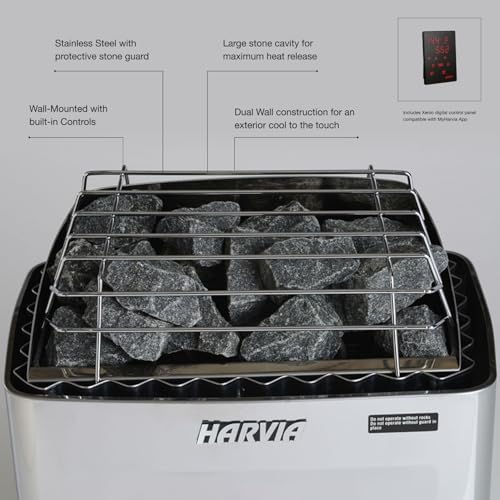 Harvia KIP Sauna Heater, Wall Mounted Electric Sauna Stove, Stainless Steel 220v Heater with Sauna Stones Included, Large Stone Cavity for Maximum Heat Release (6kW - Digital Controls) - style: 6kW - Xenio Digital Controller