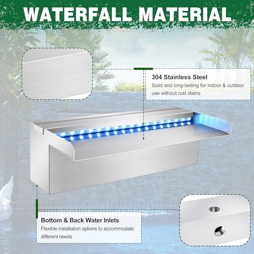 LONGRUN Waterfall Pool Fountain, Updated 5.9'' Wider Open Lip Stainless Steel Waterfall Spillway, Decorative Water Feature for Swimming Pools, Koi Ponds, Spa & Garden - 23.6'' - size: 23.6 inch Stainless Steel(Short-beaked)