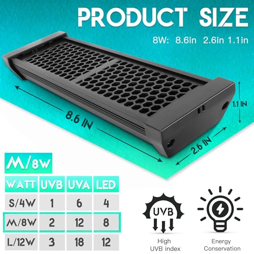 Dimmable LED Reptile UVB Lamp, 8000 Hours UVB Duration for Much Longer Lifespan, Adjustable 4/8/12-Hour Cycles, Suitable for Gecko, Chameleon, and Bearded Dragon, 8W, M Size - size: 8INCH