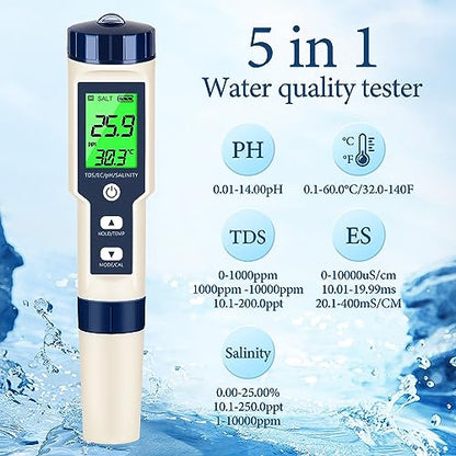 PH Meter & TDS Meter Digital Water Tester 5 in 1 Salinity Tester PH Temp EC and TDS Meter,PH Meter for Water with LCD Backlit,Water Testing Kits for Drinking Water,Wine,Swimming Pool,Hot Tub Spas. - size: 5-1