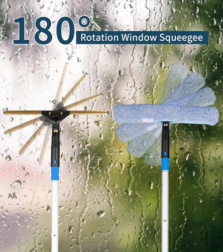 Window Cleaning Kit, Swivel Squeegee & Scrubber with Extension Poles, Foldable Bucket, Blendable Duster, 2 Scrubber Pads & Cleaning Cloth, Glass Scraper Cleaning Tool Kit for Window Glass Mirror Car - color: Silver-13pcs
