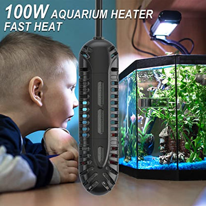 HiTauing Aquarium Heater, 100W Fish Tank Heater with LED Digital Display & 5 Safety Protection, Submersible Aquarium Heater with 2 Suction Cup and 5.9Ft Cord for 10-20 Gallon Fish Tank. - size: 100 Watt Aquarium Heater