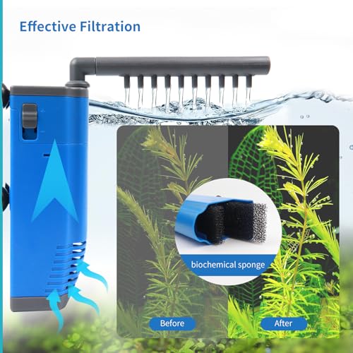 Aquarium Internal Filter, Submersible Power Fish Tank Filters with Wave-Maker Submersible Water Pump Turtle Filter 5-20 Gallon, 55 GPH, 3W