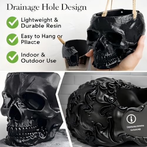 Resin Air Plant Holders,Tilandsia Container,Gothic Skeleton Planter,Halloween Plant Pot,Tillandsia Pot, Skull Table Top Display Planters for Air Plants and Other (3.9 * 5.5 * 3.2'',Black) - size: 3.9*5.5*3.2'',Black