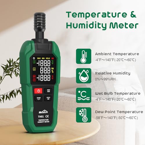 SQECH Temperature Humidity Meter Digital Hygrometer Psychrometer HVAC | Hydrometer Monitor with Ambient Thermometer, Dew Point, Wet Bulb, Flashlight, Max/Min, Data Hold, Color Backlight