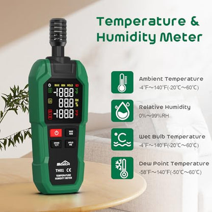 SQECH Temperature Humidity Meter Digital Hygrometer Psychrometer HVAC | Hydrometer Monitor with Ambient Thermometer, Dew Point, Wet Bulb, Flashlight, Max/Min, Data Hold, Color Backlight