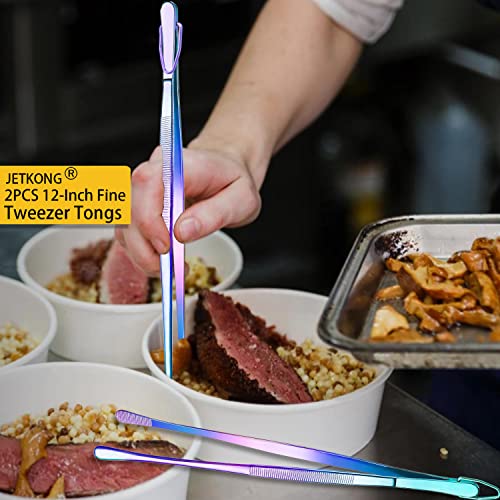 JETKONG 2 Pcs 12-Inch Culinary Tweezers Food Tweezers Kitchen Tweezer Tongs for Cooking (Rainbow) - color: Rainbow, size: 12+12 Inch