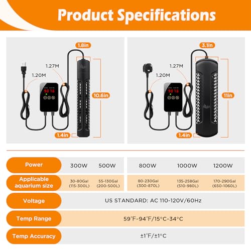 AQQA Aquarium Heater 800W for 80-230 Gallon Fish Tank Quartz Glass Submersible Betta Fish Heater with Overheat & Dry-Run Protection Temp Range 59-94℉ for Freshwater and Reef Tank (800W for 80-230Gal) - size: 800W for 80-230 Gallon Tank