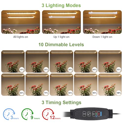 8.6'' LED Grow Light Strips, Full Spectrum 3500K Grow Lights for Indoor Plants, 2 Head with 3/9/12H Timer, 10 Dimmable Levels, Suitable for Seedling, Succulent, Plant Shelf and Greenhouse, 2-Pack - color: 2 Head 2 Pack