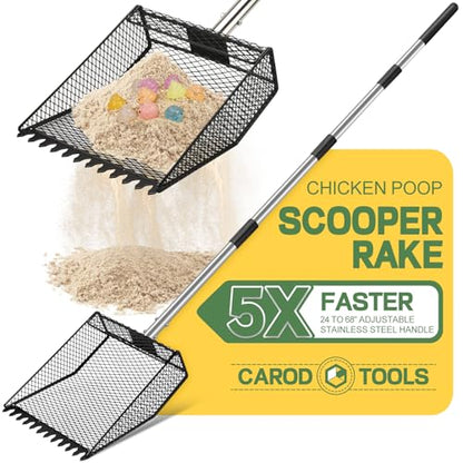 Updated Chicken Poop Scooper and Rake, 2-in-1 Chicken Poop Litter Scoop Sand Rake, Stainless Steel Handle (43–73"), Litter Scooper & Sand Sifting Shovel, Good for Chicken Coops & Farm Animals Scoop