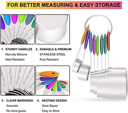 Wildone Stainless Measuring Cups and Spoons Set with Silicone Handle, 16pcs | 8 Measuring Cups and 8 Measuring Spoons, Nesting Design, Heavy Duty for Measuring Dry/Liquid Ingredients, Multicolor - color: Multicolor