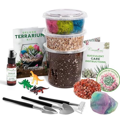 Creations by Nathalie DIY Terrarium Kit with Moss, Soil, Tools & Decor | DIY terrarium starter kit with moss, soil, pebbles, tools, crystals, and figurines for creating indoor plant displays.