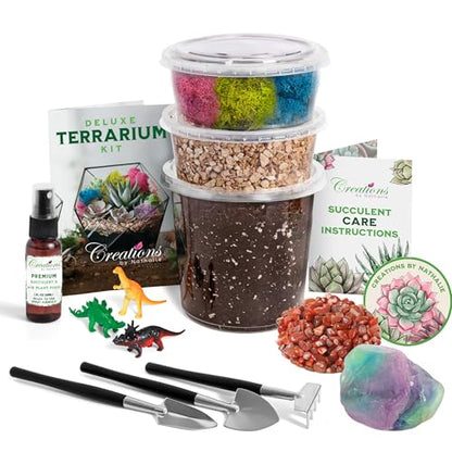 Creations by Nathalie DIY Terrarium Kit with Moss, Soil, Tools & Decor | DIY terrarium starter kit with moss, soil, pebbles, tools, crystals, and figurines for creating indoor plant displays.