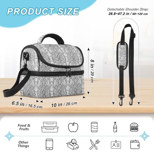 Snakeskin Grain Gray Insulated Lunch Tote Bag Organizer for Women | 8L Double Deck,Large Lunch Box with Shoulder Strap,Thermal Meal Prep,Suitable for Work School Picnic Office Travel
