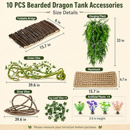 RUNANIA Bearded Dragon Tank Accessories, 10 PCS Reptile Hammock Plants Bridge Jungle Climber Vines for Snakes Bearded Dragon Chameleon Gecko Lizard - size: Medium