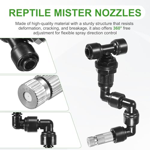 M METERXITY Reptile Mister Nozzles, 0.5mm Pore Copper 1/4" Reptile Misting Spray Nozzle with Filter Plug for Terrarium/Paludarium/Vivarium, 360 Degree Adjustable Nozzle [Black] - color: Black + Silver Tone, size: 0.5mm