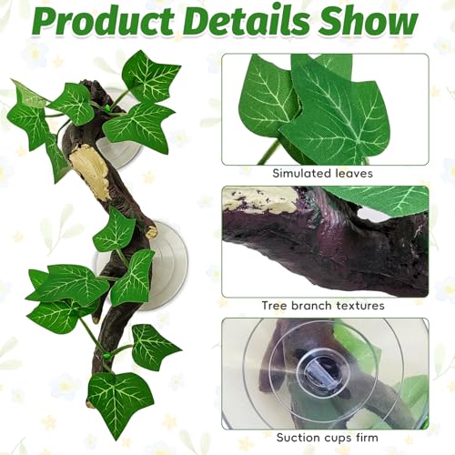 PINVNBY 2 PCS Reptile Corner Branch Terrarium Plant Decoration with Suction Cup Resin Plant for Amphibian Lizard Snake Climbing