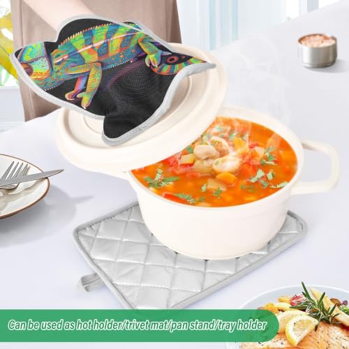 Pot Holder Set 170℃ Heat Resistant | 8mm Thick Padding BBQ，Microwave Two Piecing Vibrant Rainbow Reptile on Branch