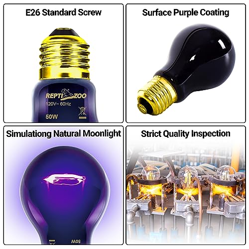 REPTI ZOO 2PCS Reptile Night Heat Lamp, 50W Moonlight Heat Bulb Infrared Heating Light Purple Reptile Heat Lamp Night Bulb for Bearded Dragon, Lizard, Snake, Turtle - style: 50W Night Heat Lamp
