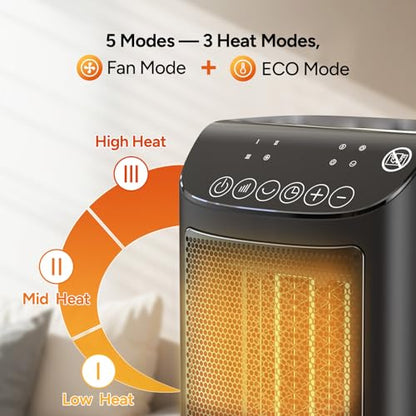 DR.PREPARE 1500W Small Space Heater for Indoor Use, Portable PTC Ceramic Electric Heater with Thermostat, Oscillation, Remote, 12H Timer, 3 Heat Modes + Fan + ECO Mode, Safe Heater for Office Bedroom - size: 9.7''H/ 70° Auto Oscillation