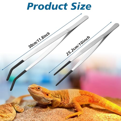 2-Pack Reptile Feeding Tongs with Soft Rubber Tips - 10" & 11.8" Extra Long Curved/Straight Aquarium Tweezers for Bearded Dragons, Snake Feeding & Terrarium Maintenance,Stainless Steel
