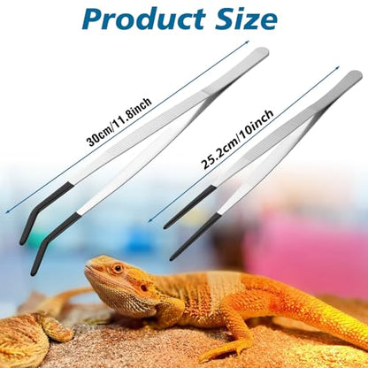 2-Pack Reptile Feeding Tongs with Soft Rubber Tips - 10" & 11.8" Extra Long Curved/Straight Aquarium Tweezers for Bearded Dragons, Snake Feeding & Terrarium Maintenance,Stainless Steel