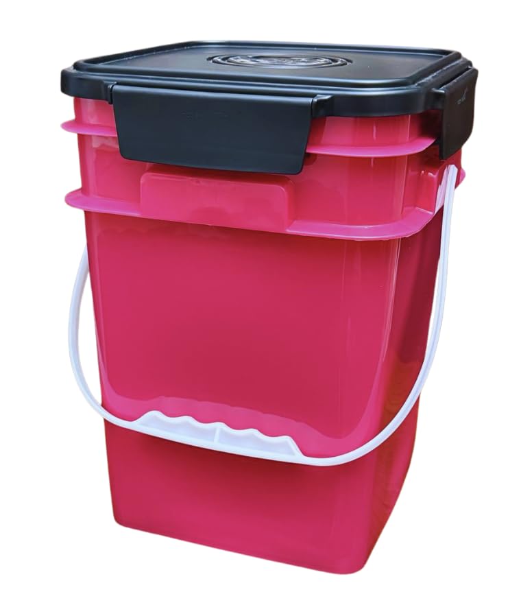 4 Gallon Square Food Grade Bucket Pail with Plastic Handles and Lid (Pack of 3) Made in USA containers (Pink/Magenta/Purple - Black lids) - color: Pink/Magenta/Purple - Black Lids