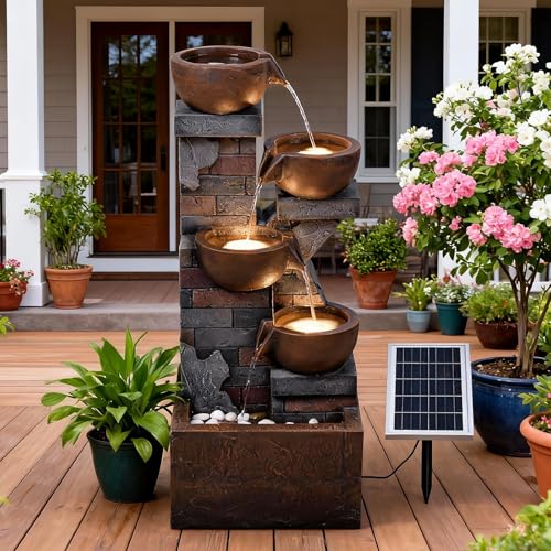 5 Tiers Solar Outdoor Water Fountain - 33.5" H Shape K Indoor Waterfall Fountain with LED Lights for Patio, Balconies, Lawns, Deck, Porch Backyard and Home Art Decor - color: Brown Brick 33.5" Solar Powered