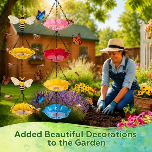 Tandefio 2 Pack Hanging Bee Watering Station for Outdoor Garden, Butterfly Feeder with Flower Bowl, Pollinator Feeding Station for Yard Patio, Bee Bath for Gardeners(Bees & Flower Style) - style: Bee & Flower Style