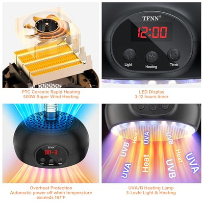 Chicken Coop Heater Lamps,200W-350W-500W Reptile Heating Lamp Upgraded with UVA UVB Ligh 3-6-9-12H Timer,Protable Greenhouse Heater for Outdoor Chicken Coop for Reptile Rabbits Dog Cats (5.2 Inch)