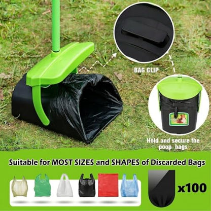 MXF 40.16" Pooper Scooper Set – Swivel Bin & Rake Kit with 100 Waste Bags | Long Handle Waste Pick Up Tool with Bag Attachment. Fits Large to Small Dogs on Lawn, Yard, Grass, Gravel, & Kennels