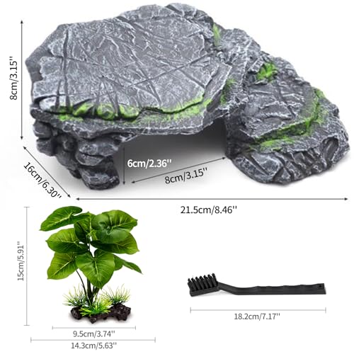 MoonOrange Turtle Basking Platform Kit, Reptile Habitat Hideout, Decorative Resin for Aquarium & Terrarium, Including Artificial Plant and Cleaning Brush. (A-Large-Black)