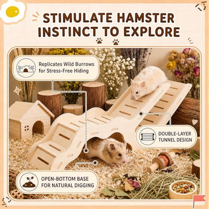 BreezeHug 4 Pcs Hamster Cage Accessories Hamster Platform Hideout Wooden Tunnel Ladder Playhouse Game Climbing Toy with Platform for Pets Dwarf Syrian Mice Degus Gerbils Squirrel(L-Shaped) - style: L-shaped
