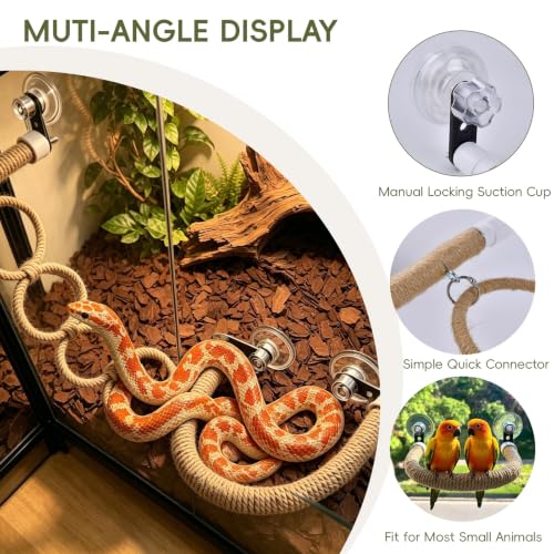 Reptile Climbing Rope Ladder with Strong Suction Cups Natural Hemp Vine Hammock & Window Bird Perch Swing for Corn Snakes, Lizards, Geckos, and Parrots - Terrarium Habitat Accessories