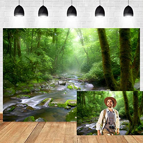 10x8ft Peaceful Forest Photography Backdrop for Outdoor Rustic Travel Theme Banner Decoration Stones Stream Trees Rainforest Jungle Plant Background Polyester Fabric Adults Portrait Photo - size: 10x8ft-P