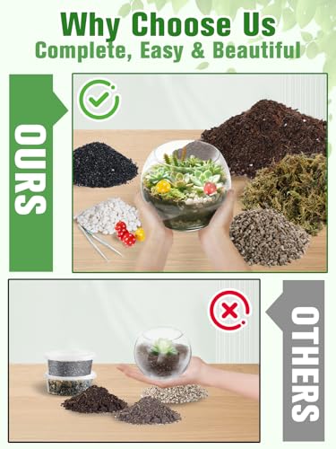 Terrarium Kit Adults - Includes Pumice, Moss, Soil, Pebbles, Charcoal, 2 Tools, Mushroom Ornaments for Succulent Cactus, Terrarium Accessories Decor Gifts for Starter Women