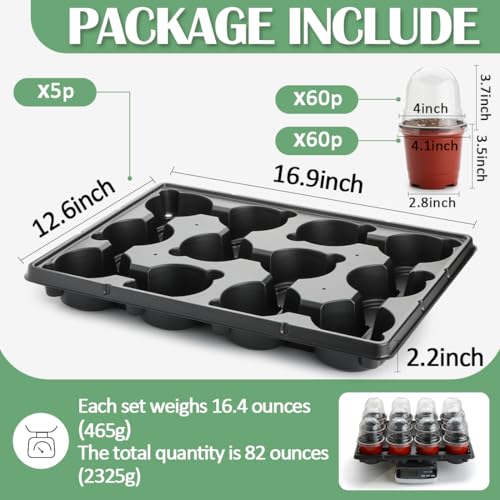 RooTrimmer 4 Inch 60 Pack Nursery Pots with Humidity Domes & 5 Pack 12 Cell Round Seedling Pot Carrying Trays, Sturdy Seeds Starter Pot Germination Set, Small Planter Nursery Propagation 5 Sets - color: Red + Black + Clear, size: 4 Inch 60 Pack Pots With