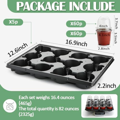 RooTrimmer 4 Inch 60 Pack Nursery Pots with Humidity Domes & 5 Pack 12 Cell Round Seedling Pot Carrying Trays, Sturdy Seeds Starter Pot Germination Set, Small Planter Nursery Propagation 5 Sets - color: Red + Black + Clear, size: 4 Inch 60 Pack Pots With