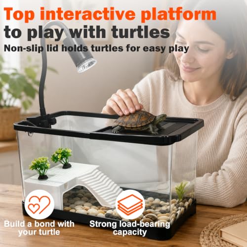 Turtle Aquarium with Lamp, High Transparent with Drain Hole & Protective Top, All-in-one Reptile Terrarium Kit with Basking Light, Hideout & Multi-Area Habitat for Small Tortoise Amphibian