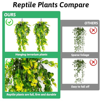 Hamiledyi Reptile Plants Hanging Terrarium Plants Artificial Leaves Habitat Decorations with Suction Cup Green and Yellow Fake Amphibian Plants for Bearded Dragon Lizard Geckos Chameleon（2 Pack） - size: 2 PCS