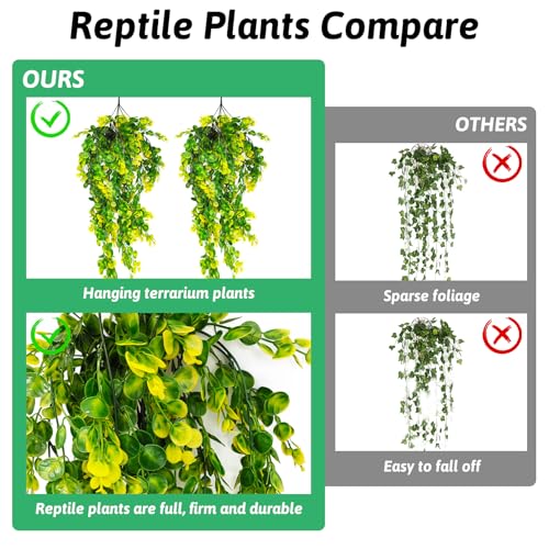 Hamiledyi 4 PCS Reptile Plants Hanging Terrarium Plants Artificial Leaves Habitat Decorations with Suction Cup Green and Yellow Fake Amphibian Plants for Bearded Dragon Lizard Geckos Chameleon - size: 4 PCS