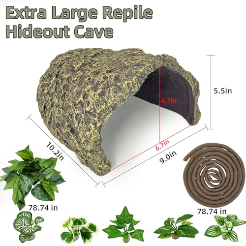 Tfwadmx Extra Large Reptile Hide,Resin Snake Hides for Ball Python,Tortoise Hideout Rock Cave with Vines Plants Leaves,Bearded Dragons Terrarium Habitat Decor for Lizards,Geckos,Turtles(Brown)