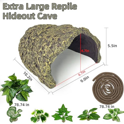 Tfwadmx Extra Large Reptile Hide,Resin Snake Hides for Ball Python,Tortoise Hideout Rock Cave with Vines Plants Leaves,Bearded Dragons Terrarium Habitat Decor for Lizards,Geckos,Turtles(Brown)