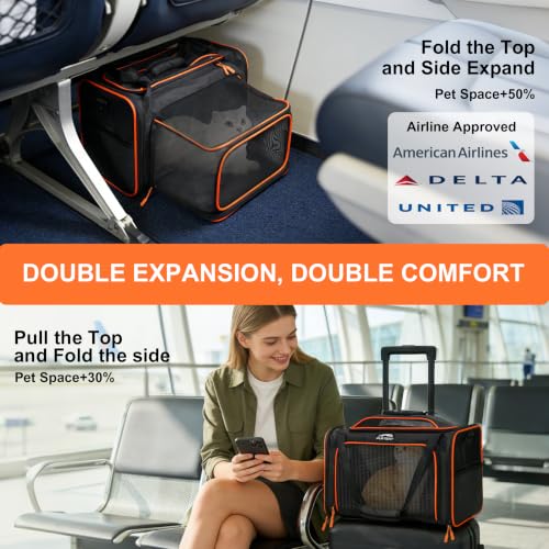 Expandable cat Carrier Soft Sided Airline Approved Pet Carrier Up to 12lbs | Top & Side Expandable, 360° Breathable Mesh, Anti-Collapse Frame, Built-in Safety Leash, Reversible Cushion for Cat Small Dog - color: Black