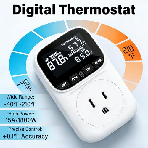 Digital Temperature Controller,15 Amp/1800 Watt Thermostat Socket Plug | VA Display for Heating and Cooling Control Timer,Suitable for Greenhouse Incubators,Homemade Equipment,etc. - color: White