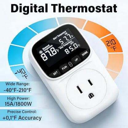Digital Temperature Controller,15 Amp/1800 Watt Thermostat Socket Plug | VA Display for Heating and Cooling Control Timer,Suitable for Greenhouse Incubators,Homemade Equipment,etc. - color: White